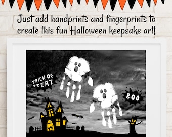 May include: Black and white Halloween-themed printable art with a haunted house, bats, and two ghosts made with handprints. The text "Trick or Treat" and "Boo" are included.