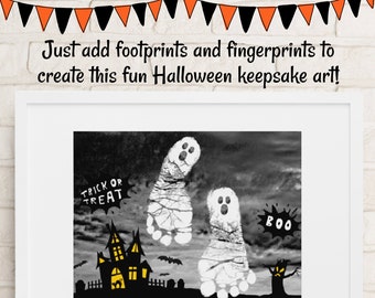 May include: Black and white printable Halloween art featuring two ghosts made with footprints. The ghosts are flying in front of a spooky house with a 'Trick or Treat' sign and a 'Boo' sign.