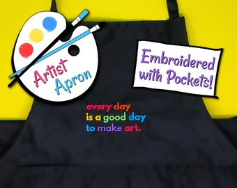 Art Teacher Apron with Pockets, Art Teacher Gift, Embroidered Artist Apron, Apron with Pockets for Art, Painting, Crafts, Art Teacher Gifts