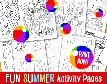 SUMMER Printable Kids Art Activity Coloring Pages, Busy Book Activities, Pre-K Kinder Kids Craft Summer Games, Summer Printable DIY Banner