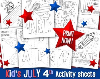 Puede incluir: Un conjunto de hojas de actividades imprimibles para niños que celebran el 4 de julio. Las hojas presentan varios diseños, incluyendo una veleta, una pancarta, un fuego artificial y un corazón con un diseño de bandera estadounidense. El texto "¡IMPRIMIR AHORA!" aparece en una de las hojas.