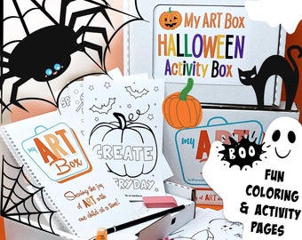 May include: A Halloween-themed art activity box with coloring pages, crayons, and colored pencils. The box includes a pumpkin, bat, and ghost decorations. The text on the box reads "My ART Box HALLOWEEN Activity Box".