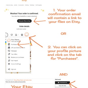 Pu&ograve; includere: Una guida passo passo su come scaricare i file digitali acquistati su Etsy. L'immagine mostra uno screenshot del sito web di Etsy con istruzioni su come accedere e scaricare i file digitali da un'e-mail di conferma dell'ordine o tramite il profilo Etsy.