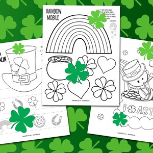 Puede incluir: P&aacute;ginas para colorear imprimibles que presentan un sombrero de duende, un m&oacute;vil de arco&iacute;ris y un duende sentado en una olla de oro. Las p&aacute;ginas incluyen el texto "Create a Leprechaun Hat" y "Rainbow Mobile".