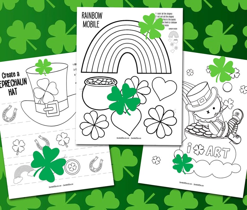 Puede incluir: P&aacute;ginas para colorear imprimibles que presentan un sombrero de duende, un m&oacute;vil de arco&iacute;ris y un duende sentado en una olla de oro. Las p&aacute;ginas incluyen el texto "Create a Leprechaun Hat" y "Rainbow Mobile".