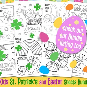 Puede incluir: Un conjunto de p&aacute;ginas para colorear imprimibles para ni&ntilde;os con temas de San Patricio y Pascua. Las p&aacute;ginas incluyen im&aacute;genes de un sombrero de duende, un m&oacute;vil de arco&iacute;ris, una olla de oro, un conejito con orejas de conejo y huevos de Pascua. El texto "Kids St. Patrick's and Easter Sheets Bundle" est&aacute; en la parte inferior de la imagen.