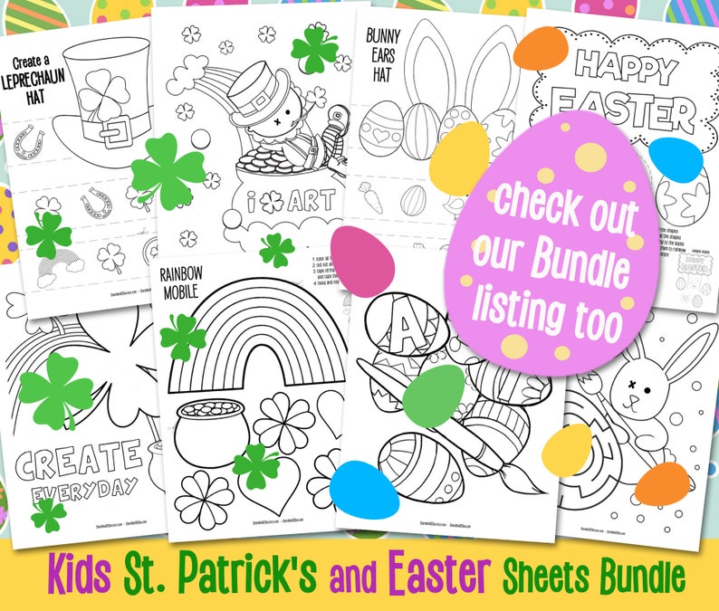 Puede incluir: Un conjunto de p&aacute;ginas para colorear imprimibles para ni&ntilde;os con temas de San Patricio y Pascua. Las p&aacute;ginas incluyen im&aacute;genes de un sombrero de duende, un m&oacute;vil de arco&iacute;ris, una olla de oro, un conejito con orejas de conejo y huevos de Pascua. El texto "Kids St. Patrick's and Easter Sheets Bundle" est&aacute; en la parte inferior de la imagen.