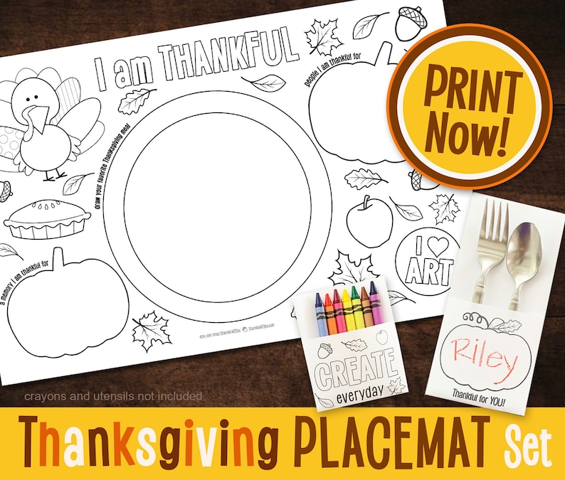 Thanksgiving Printable Placemat, Kids Coloring Friendsgiving Holiday Fall Activity, Sunday School Craft, Thanksgiving Fun Coloring Activity