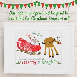 Christmas Handprint Art, Santa Sleigh Reindeer Handprint Footprint Art, Kids, Baby, Toddler Holiday Christmas Keepsake DIY Painting Craft