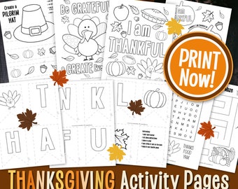 May include: A set of printable Thanksgiving activity pages for kids. The pages feature coloring activities, a word search, a maze, and a create-your-own banner. The pages are black and white and feature images of turkeys, pumpkins, pilgrims, and other Thanksgiving-themed items.