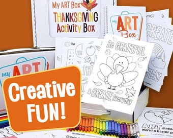 May include: A Thanksgiving-themed art box with coloring pages, crayons, and a sticker sheet. The box includes a variety of designs, including turkeys, pilgrims, and fall leaves. The box is labeled "My Art Box Thanksgiving Activity Box".