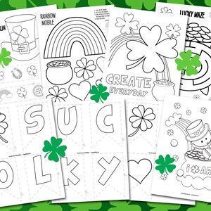 Puede incluir: P&aacute;ginas para colorear imprimibles en blanco y negro con un sombrero de duende, un m&oacute;vil de arco&iacute;ris, un laberinto de la suerte y una pancarta que dice "LUCKY".