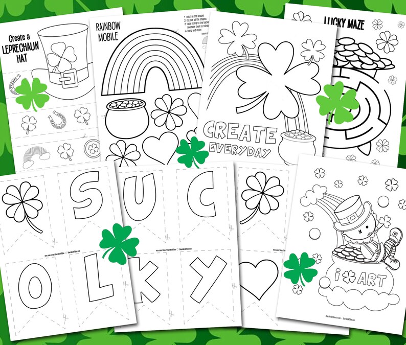 Puede incluir: P&aacute;ginas para colorear imprimibles en blanco y negro con un sombrero de duende, un m&oacute;vil de arco&iacute;ris, un laberinto de la suerte y una pancarta que dice "LUCKY".