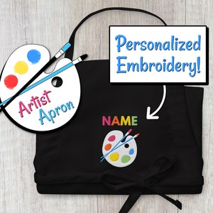 Personalized Art Apron, Artist Palette Embroidered Apron with Pockets, Custom Name Art Teacher Apron, Adjustable Art Apron, Art Teacher Gift