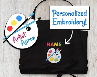 Personalized Art Apron, Artist Palette Embroidered Apron with Pockets, Custom Name Art Teacher Apron, Adjustable Art Apron, Art Teacher Gift