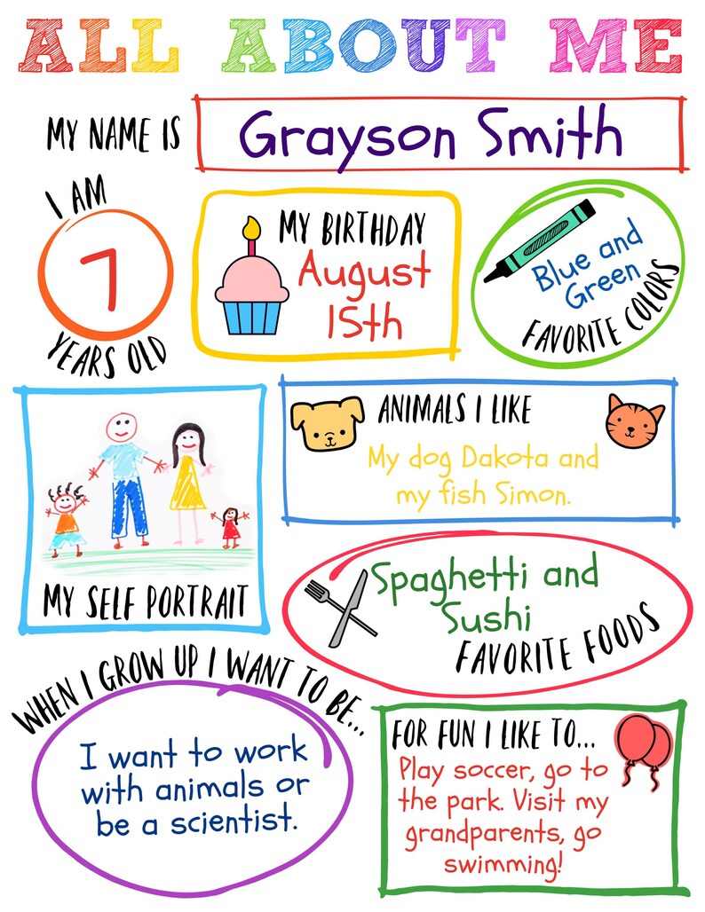 All about me printable kids template favorite things back to school get