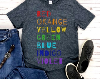 Gray ROYGBIV Colors Unisex T-Shirt, Art Teacher Shirt, Teacher Shirt, Rainbow Tee, Rainbow Shirt, Art Teacher Tee