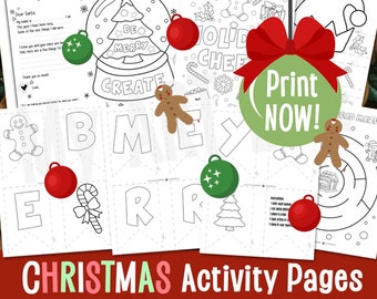 Può includere: Un set di pagine di attività natalizie stampabili con un omino di pan di zenzero, un albero di Natale, decorazioni e una canna di zucchero. Le pagine includono una ricerca di parole, un labirinto e uno striscione da colorare. Il testo "Stampa ora!" è presente su un ornamento verde.