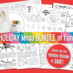 Puede incluir: Una colecci&oacute;n de p&aacute;ginas para colorear en blanco y negro con temas navide&ntilde;os como Pascua, San Patricio, Acci&oacute;n de Gracias y Navidad. Las p&aacute;ginas incluyen im&aacute;genes de conejos, duendes, calabazas, pavos y &aacute;rboles de Navidad. El texto "HOLIDAY Mega BUNDLE of Fun!" se muestra en la parte superior de la imagen. El texto "Check out our Holiday Bundle & SAVE!" se muestra en un c&iacute;rculo rojo en la esquina inferior derecha de la imagen.