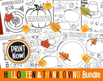 Halloween & Thanksgiving Kids Coloring Holiday Fall Activity Pages Bundle, Sunday School Craft, Thanksgiving Fun, Busy Box Coloring Pages