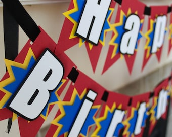 Superhero Birthday Banner. Red, yellow, blue.