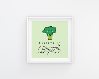 Believe in Broccoli Wall Art, Digital Print, Illustration, Vegan Art, Vegetarian Art, Plant-Based, Cute Broccoli, Foodie, Vegan Gift