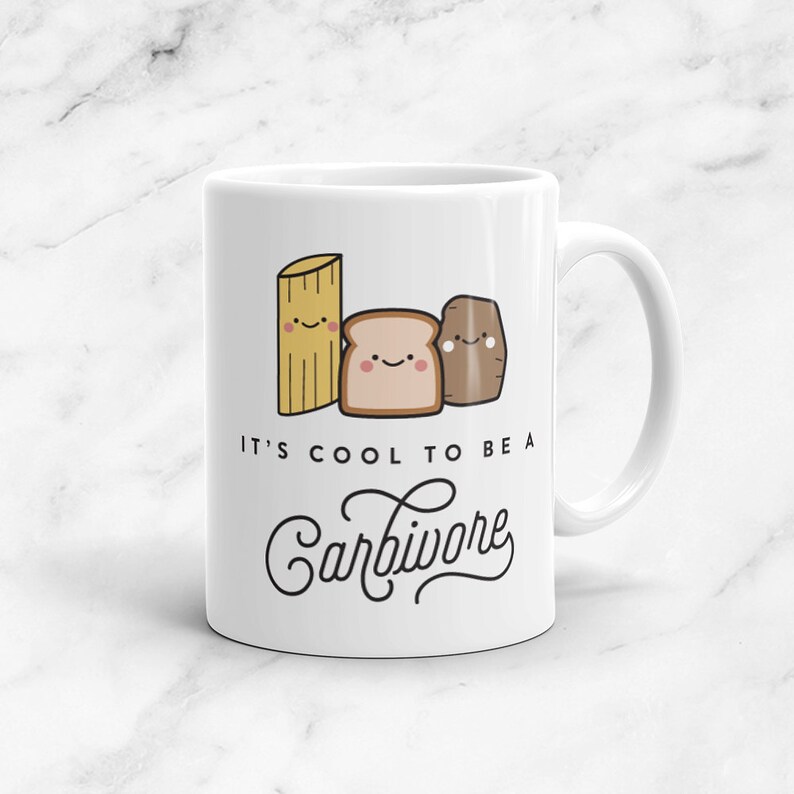 It's Cool To Be A Carbivore Mug, 11 oz, Vegan, Vegetarian, Plant-Based, Foodie, Healthy, Cute, Funny, Love, Pasta, Bread, Potato, Kawaii image 1