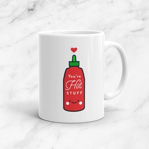 Hot Stuff Mug, 11 oz, Vegan, Expression, Pun, Heart, Kawaii, Cute, Funny, Love, Pun, Gift, Valentine's Day, Anniversary, Sriracha, Sauce