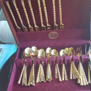 Vintage Gold Plated Flatware Set for 8 Stanley Roberts Golden Straita Silverware 50 Piece Rope Handle Wedding Gift 50th Anniversary Gift