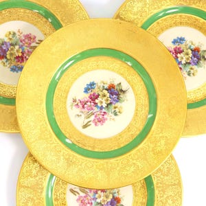 Platos de cena antiguos Art Nouveau de la década de 1930 para vitrina china / Juego de porcelana antigua Art Deco Hutschenreuther Selb verde bávaro y oro de 22 kt para 5