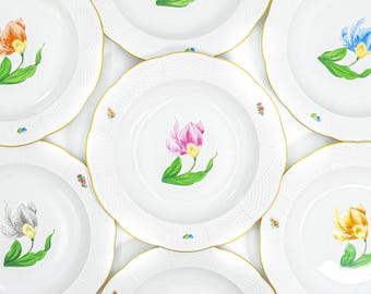 Herend Kitty Pattern Rimmed Soup Bowls (9.5", Shape 503) - Set of 8 Vintage European Porcelain