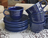 Fiestaware Cup and Saucer Glazed Ceramic Set 8 Piece Homer Laughlin Tea Cup Vintage Cobalt Blue Color Collectors China