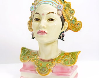 Signed 1940s Vintage "Bali Head" Porcelain Bust (12.5"H) | Maximalist Colorful Decor Goldscheider Helen Liedloff Polychrome Art Deco