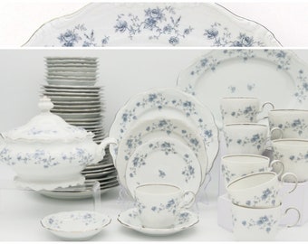 Johann Haviland Blue Garland, set da 50 pezzi, servizio per 8, fiori azzurri con finiture in platino, timbro posteriore Bavaria, set di porcellana del Ringraziamento