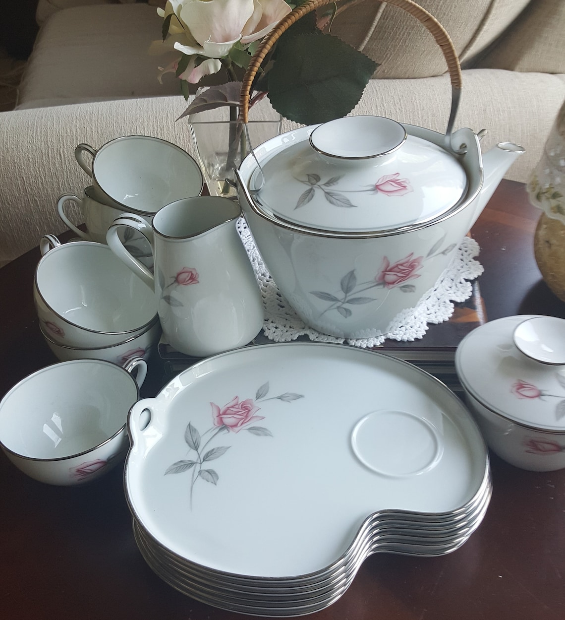Tea Set for 6 Noritake Rosemarie Tea Kettle Snack Plates Etsy