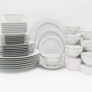 Noritake Buckingham China Set for 8 | Complete Dinnerware Set 40 Pieces White Flowers On White Body, Platinum Trim | antique china set