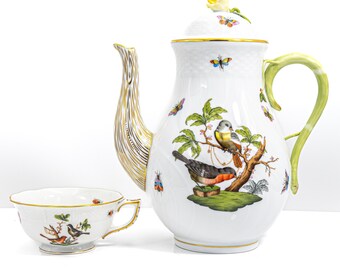 Herend "Rothschild Bird" Coffee Pot with Yellow Rose Knob (10", 6 Cup) | Vintage Hungarian Porcelain