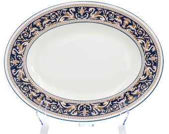 Wedgwood Florentine Dark Blue Oval Serving Platter (15.5") | Vintage English Bone China (W1956, Discontinued)