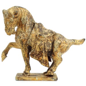 Estatua de caballo Tang vintage de mediados de siglo, pisapapeles de caballo de metal mixto japonés, regalo para decoración ecuestre, decoración de escritorio asiática para oficina, oro