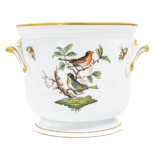 Herend Rothschild Bird Cachepot with Gilt Scroll Handles - 1976 Anniversary Hungarian Porcelain Jardiniere (6.5", Shape 7214)