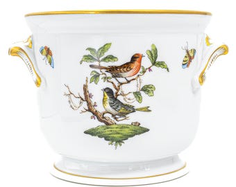 Herend Rothschild Bird Cachepot with Gilt Scroll Handles - 1976 Anniversary Hungarian Porcelain Jardiniere (6.5", Shape 7214)