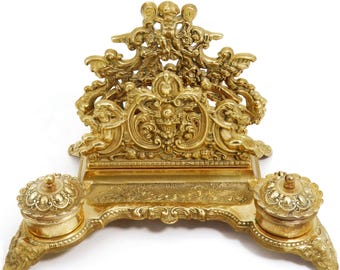 1950s Italian Rococo Brass Cherub Desk Set (12"W) - Vintage Post-War Double Inkwell & Letter Holder