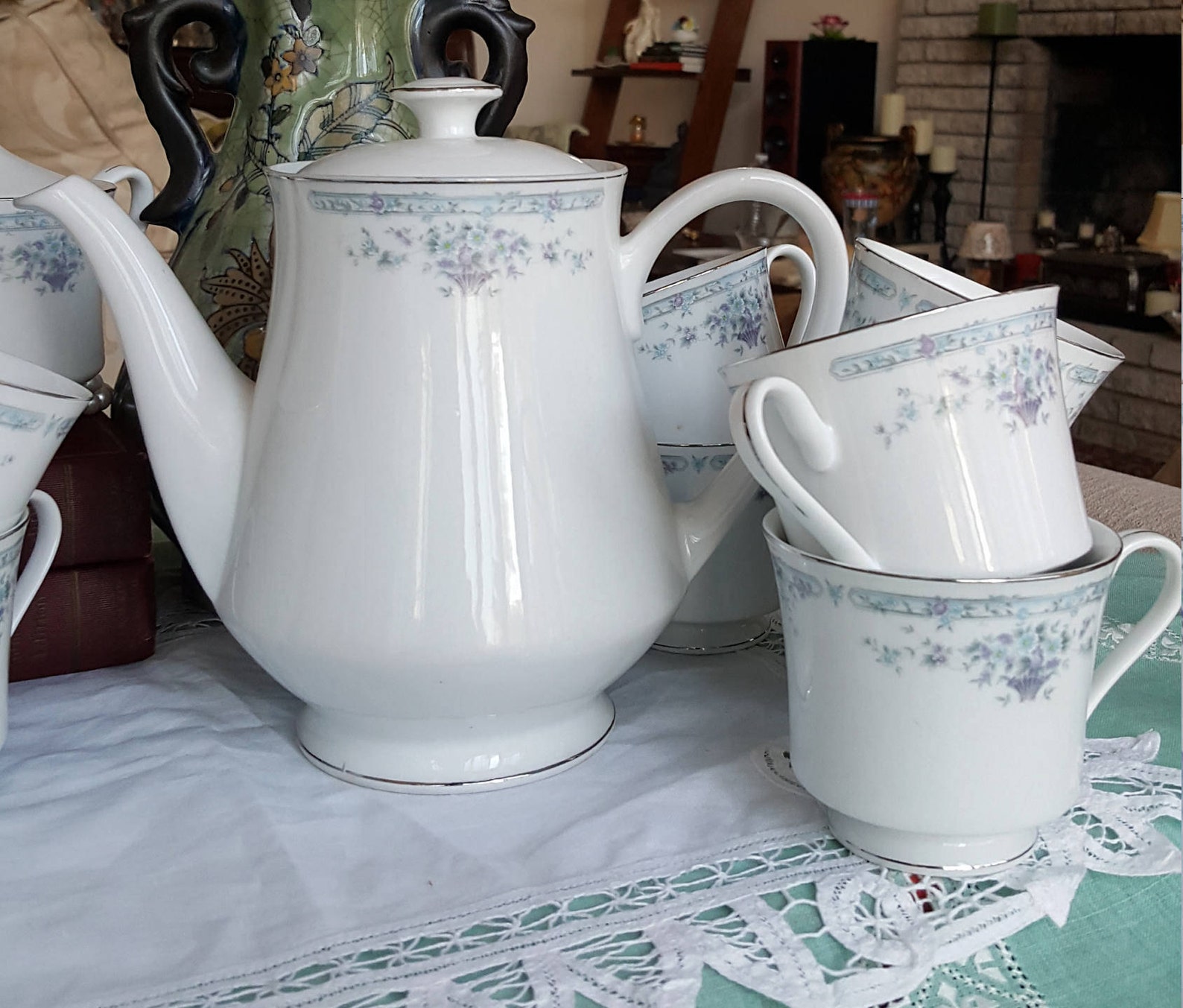 Tea Set for 11 Baum Brothers Blue 27 Piece Tea Cup and Saucer Teapot Creamer Sugar Bowl Wedding