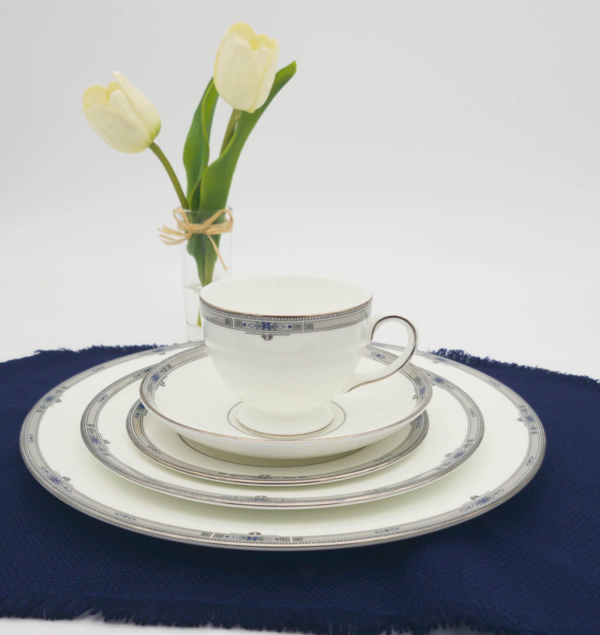 Wedgwood Amherst China Set for 8 Elegant Grey Blue Floral Design 