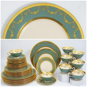 Lenox Westport Vintage China Set for 8 Guests 24kt Gold Gilded Antique Dinnerware Set Sage Green and Gold Dinner Plates Teacups Teal Celadon