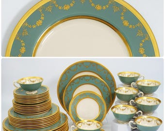 Lenox Westport Vintage China Set for 8 Guests 24kt Gold Gilded Antique Dinnerware Set Sage Green and Gold Dinner Plates Teacups Teal Celadon