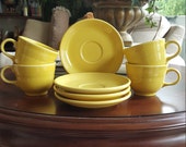 Fiestaware Cup and Saucer China Set Newer Pattern 8 Piece Homer Laughlin Tea Cup Ceramic Glazed Vintage Yellow Color Collectors China