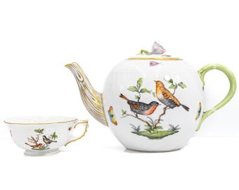 Large Herend Rothschild Bird Large Teapot with Pink Rose Finial - Vintage Hungarian Porcelain (Shape 1602, 10.5")