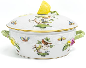 Herend Rothschild Bird Covered Vegetable Dish with Lemon Finial - Vintage Hungarian Porcelain (Shape 42, 9.5")