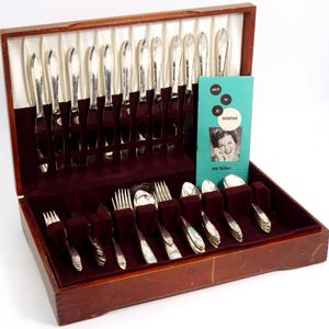 Vintage Quadruple Silver Plated Flatware Set 64 Piece Nobility Reverie Silverware Set for 12 25th Anniversary Gift for Wedding Silverware